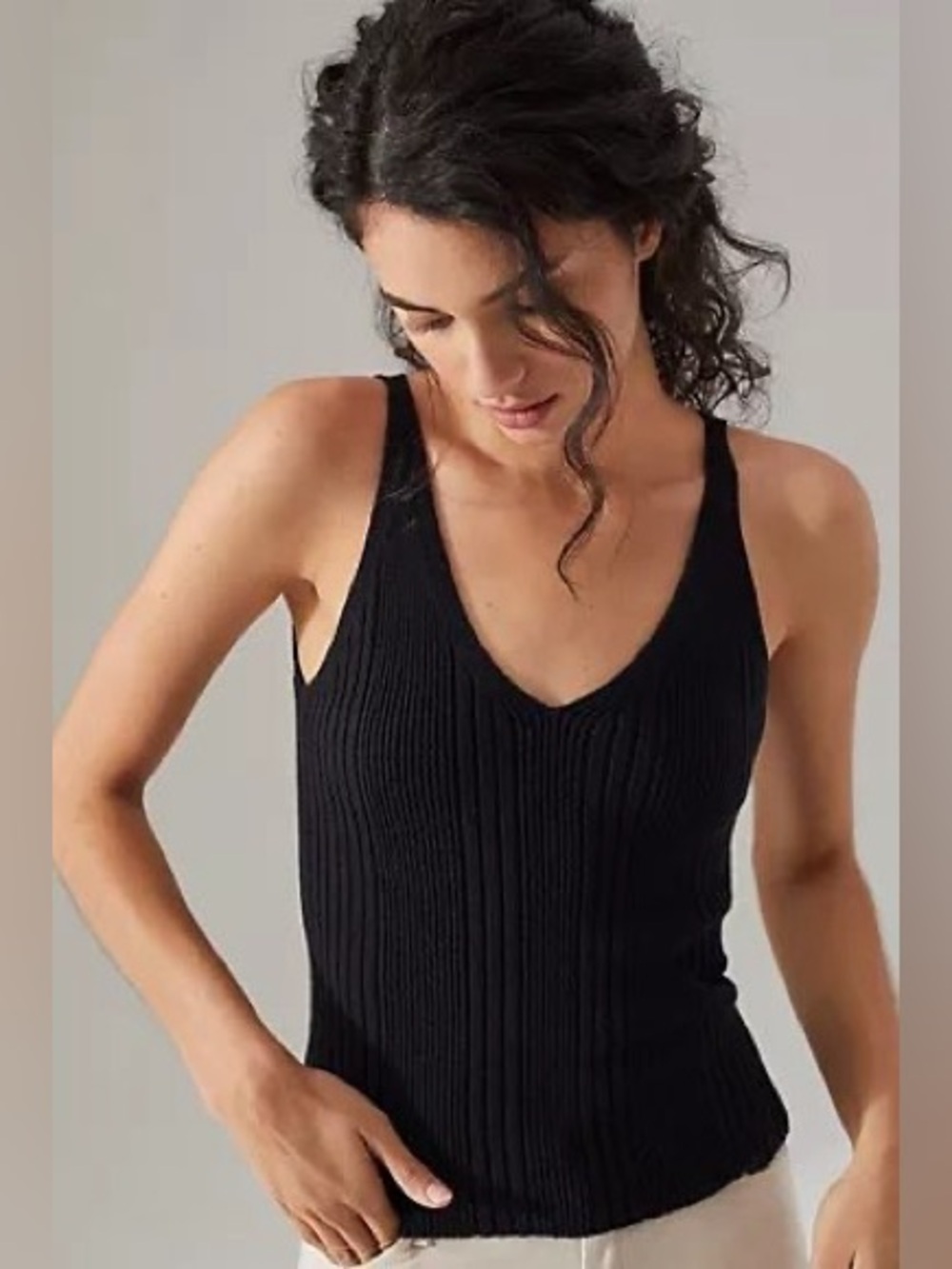 Anthropologie Black Ribbed V-Neck Tank Top